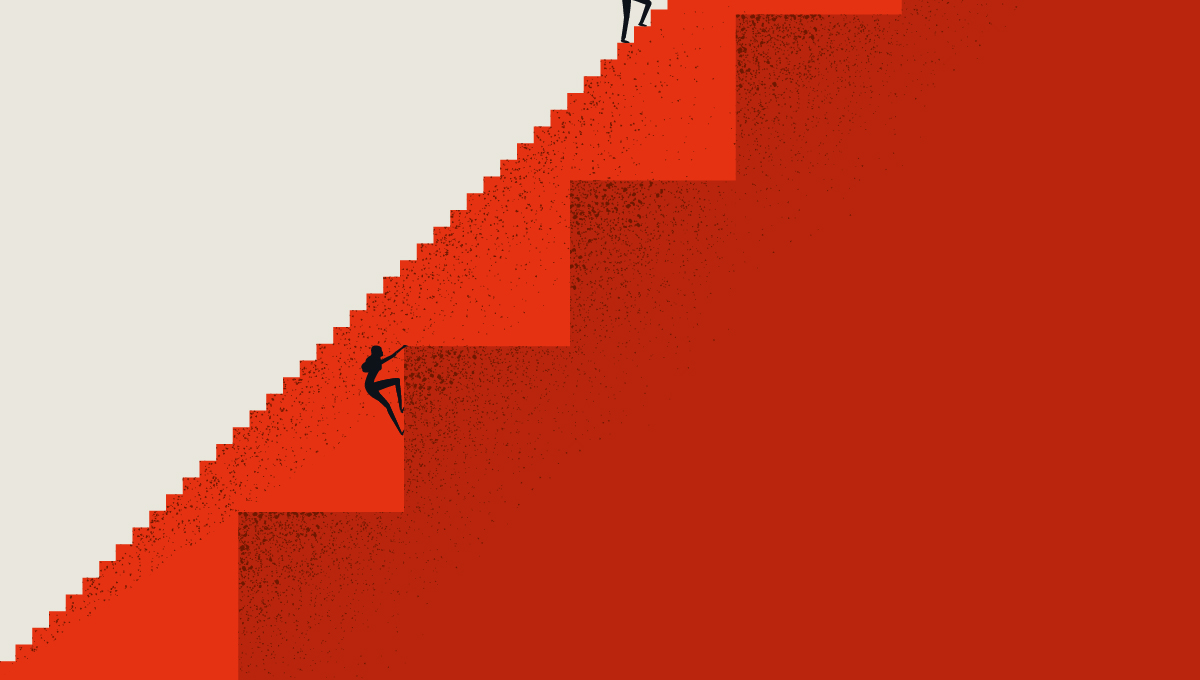 woman climbing big stairs while a man climbs past her on easier stairs